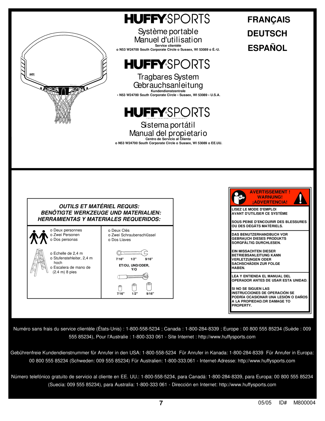 Huffy 8000 manual Système portable Manuel dutilisation, Avertissement Warnung ¡ADVERTENCIA 