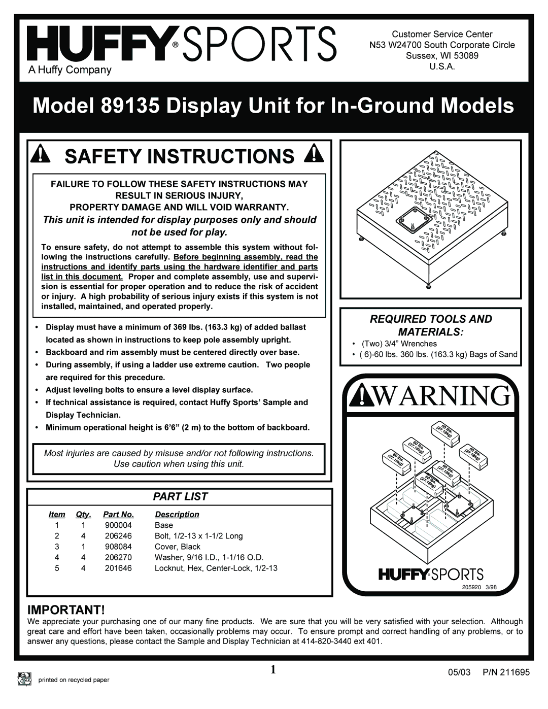 Huffy manual Model 89135 Display Unit for In-Ground Models, Safety Instructions, Part List, Required Tools Materials 