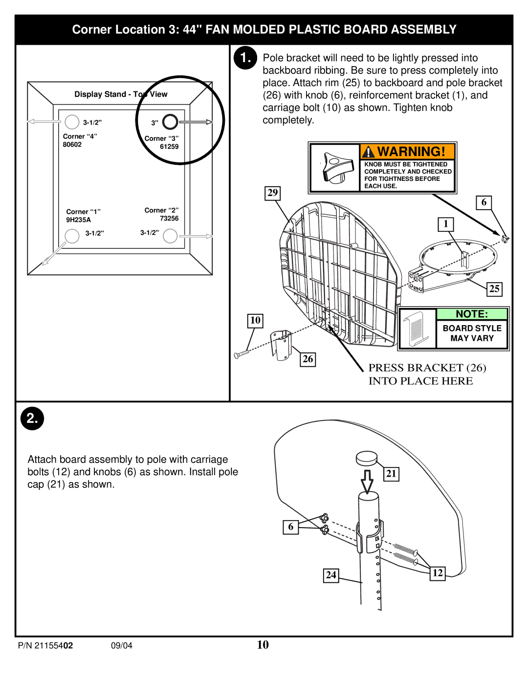 Huffy 89226 manual Corner Location 3 44 FAN Molded Plastic Board Assembly, Press Bracket 26 Into Place Here 