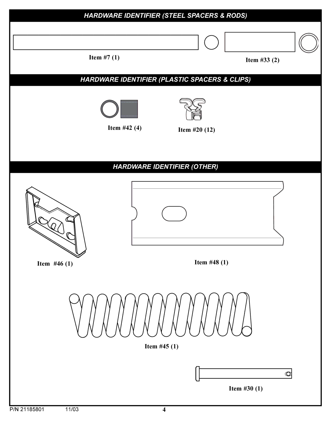 Huffy 9125 7002000 manual Hardware Identifier Steel Spacers & Rods 