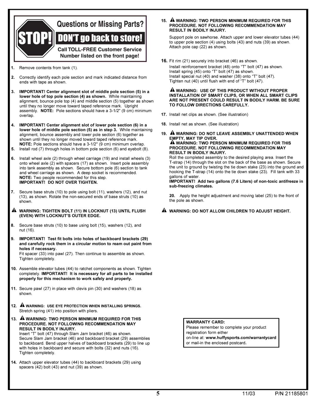 Huffy 9125 7002000 manual Warranty Card 