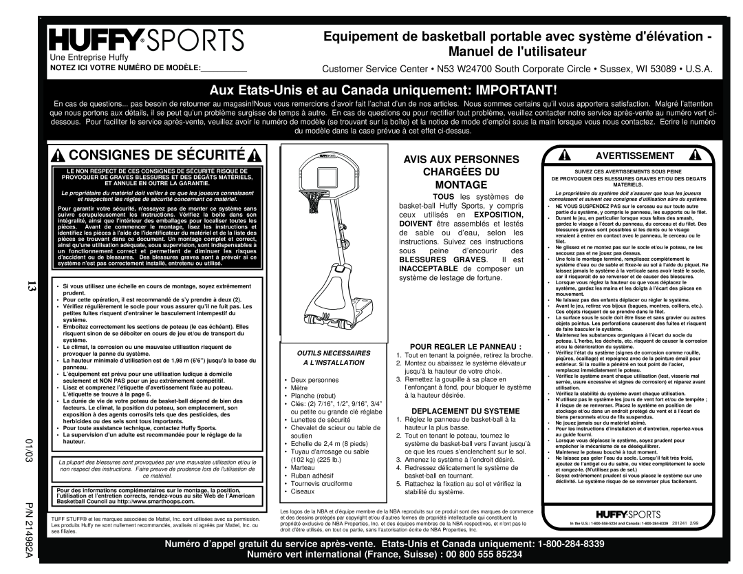 Huffy AIC250W manual Aux Etats-Unis et au Canada uniquement IMPORTANT, Consignes De Sécurité, Manuel de lutilisateur, 01/03 