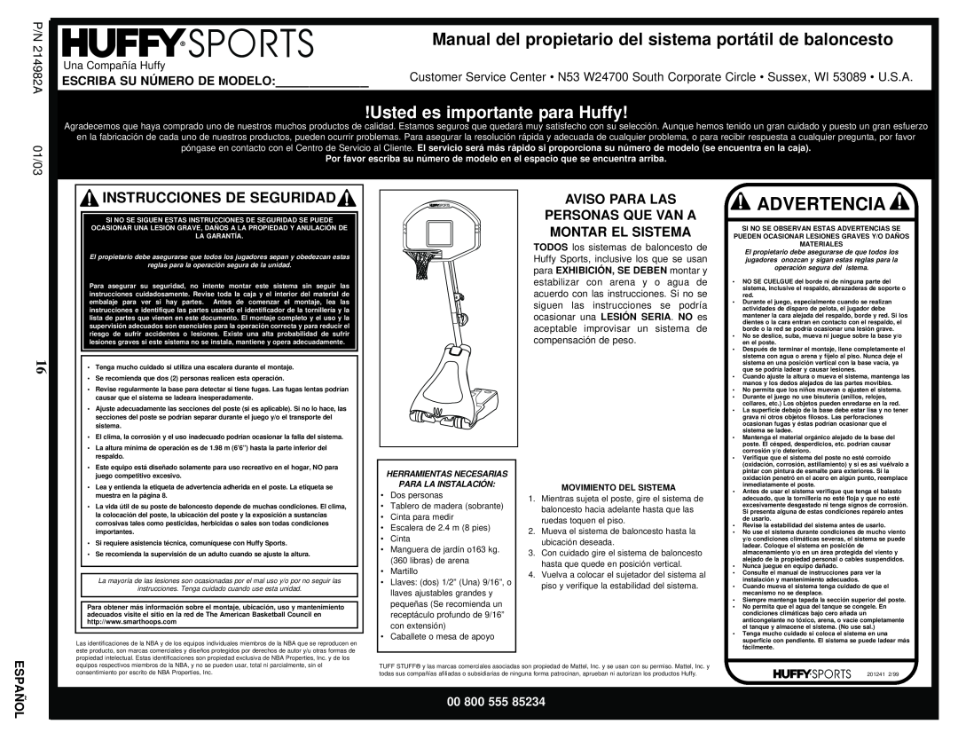 Huffy AIC250W Advertencia, Usted es importante para Huffy, Manual del propietario del sistema portátil de baloncesto, Espa 