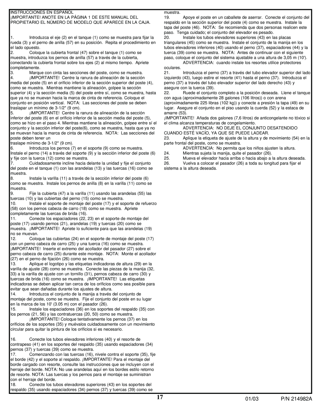 Huffy AIC250W manual 01/03, P/N 214982A, Instrucciones En Español 