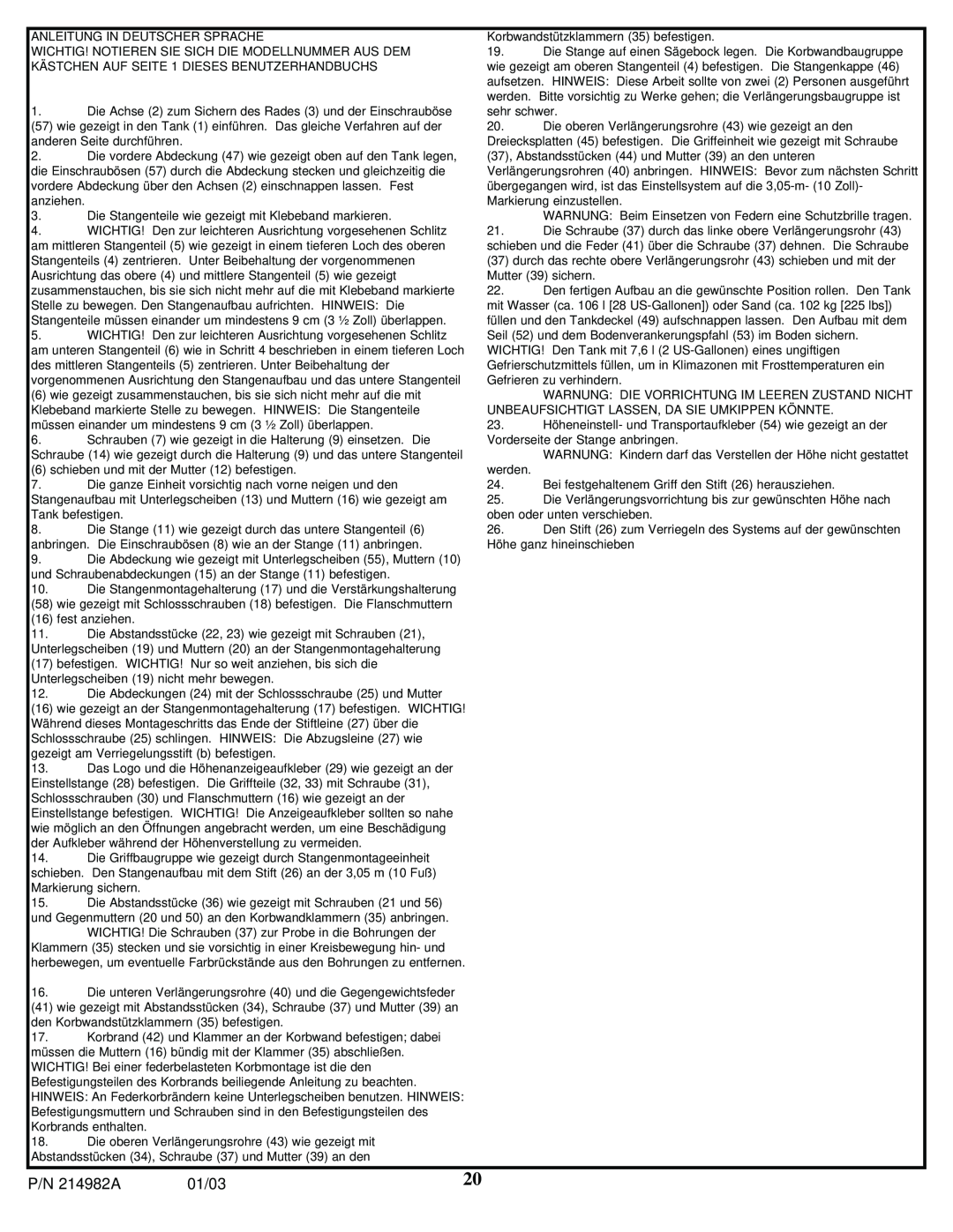 Huffy AIC250W manual P/N 214982A, 01/03, Anleitung In Deutscher Sprache 