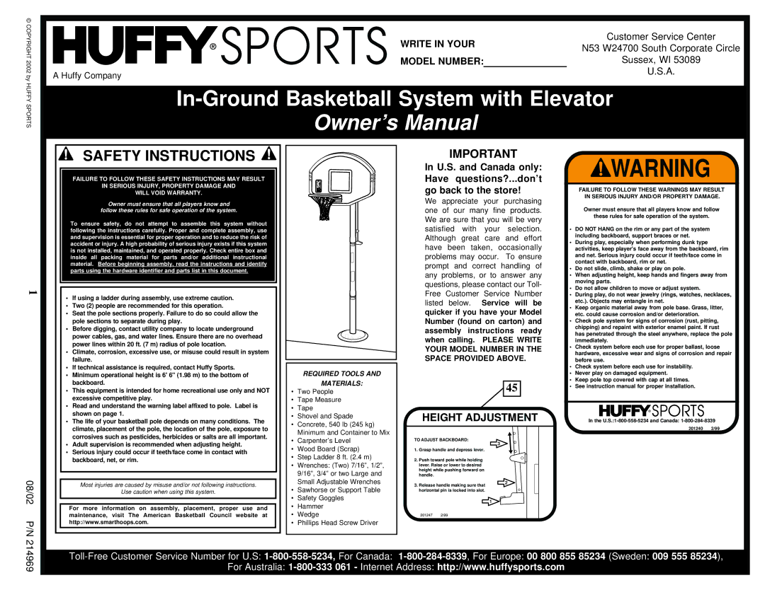 Huffy APSUSB1 manual Write in Your, Required Tools Materials 