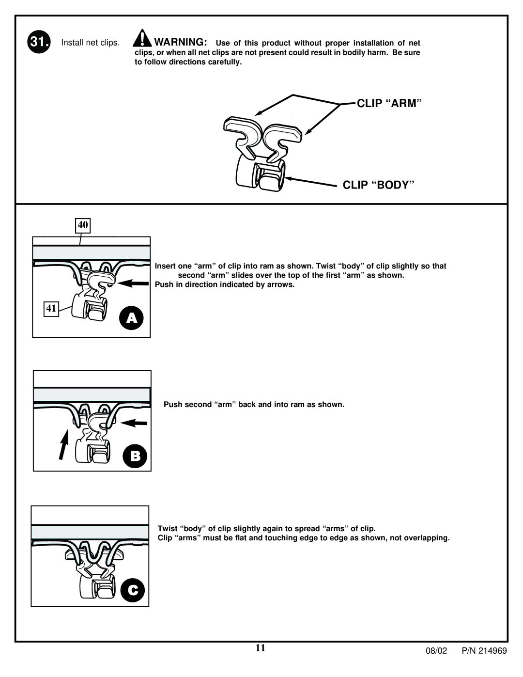 Huffy APSUSB1 manual Clip ARM Clip Body 