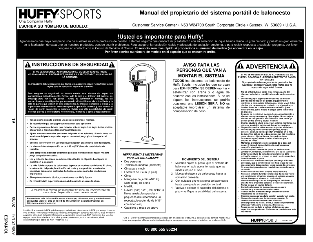 Huffy APSUSB1 manual Manual del propietario del sistema portátil de baloncesto, Herramientas Necesarias Para LA Instalación 