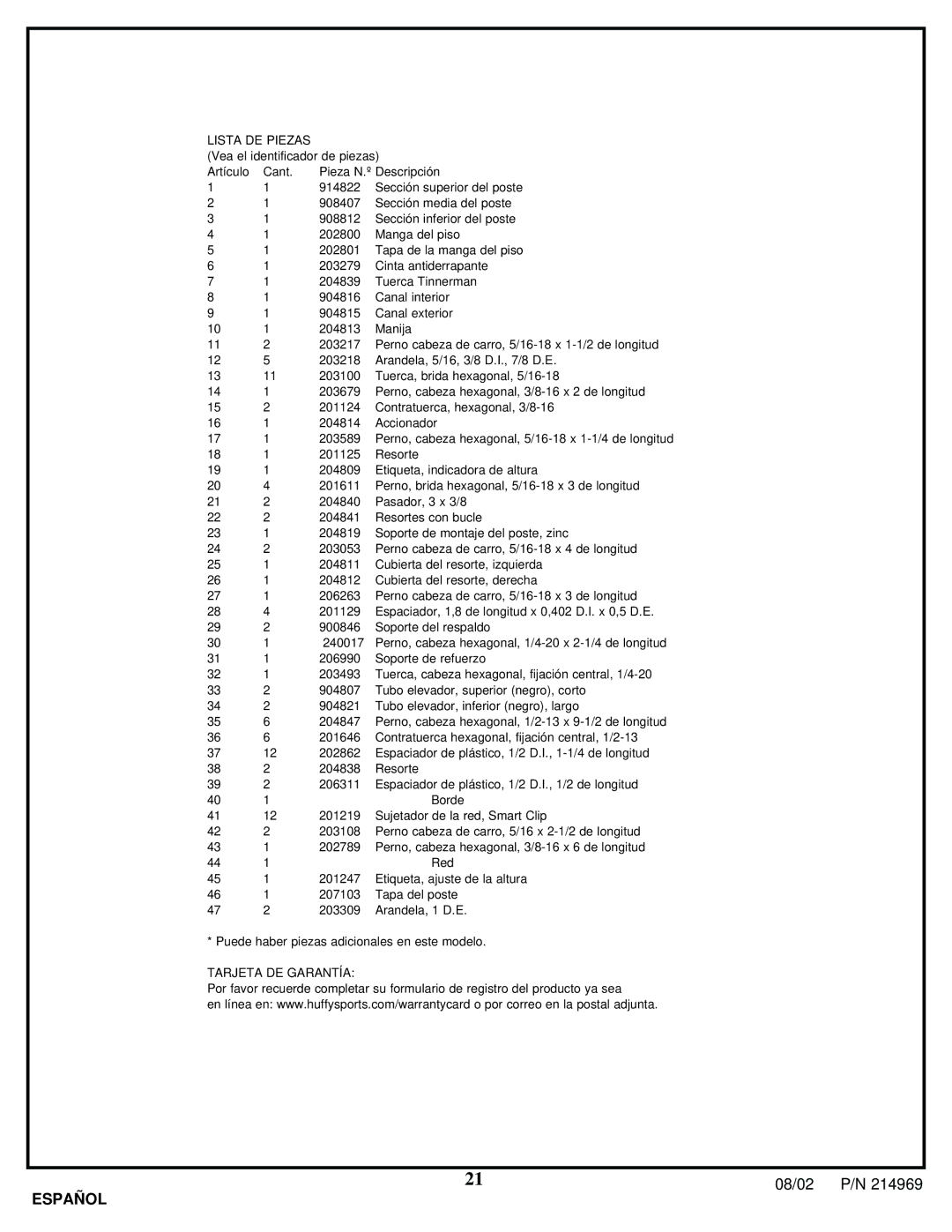 Huffy APSUSB1 manual Tarjeta DE Garantía 