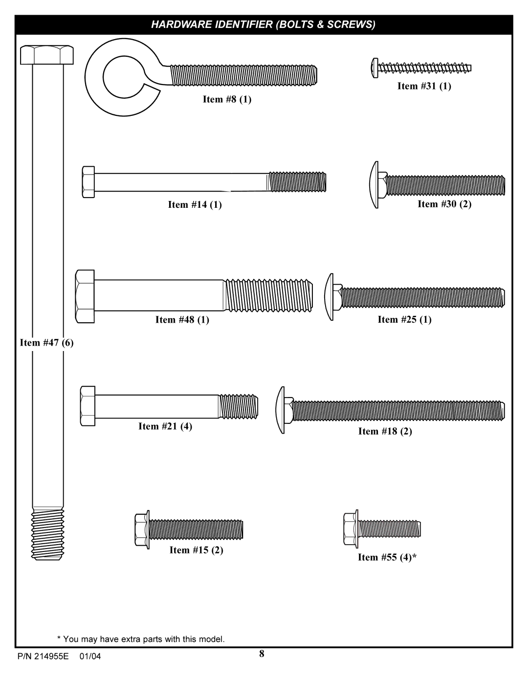 Huffy AR325W manual Hardware Identifier Bolts & Screws 