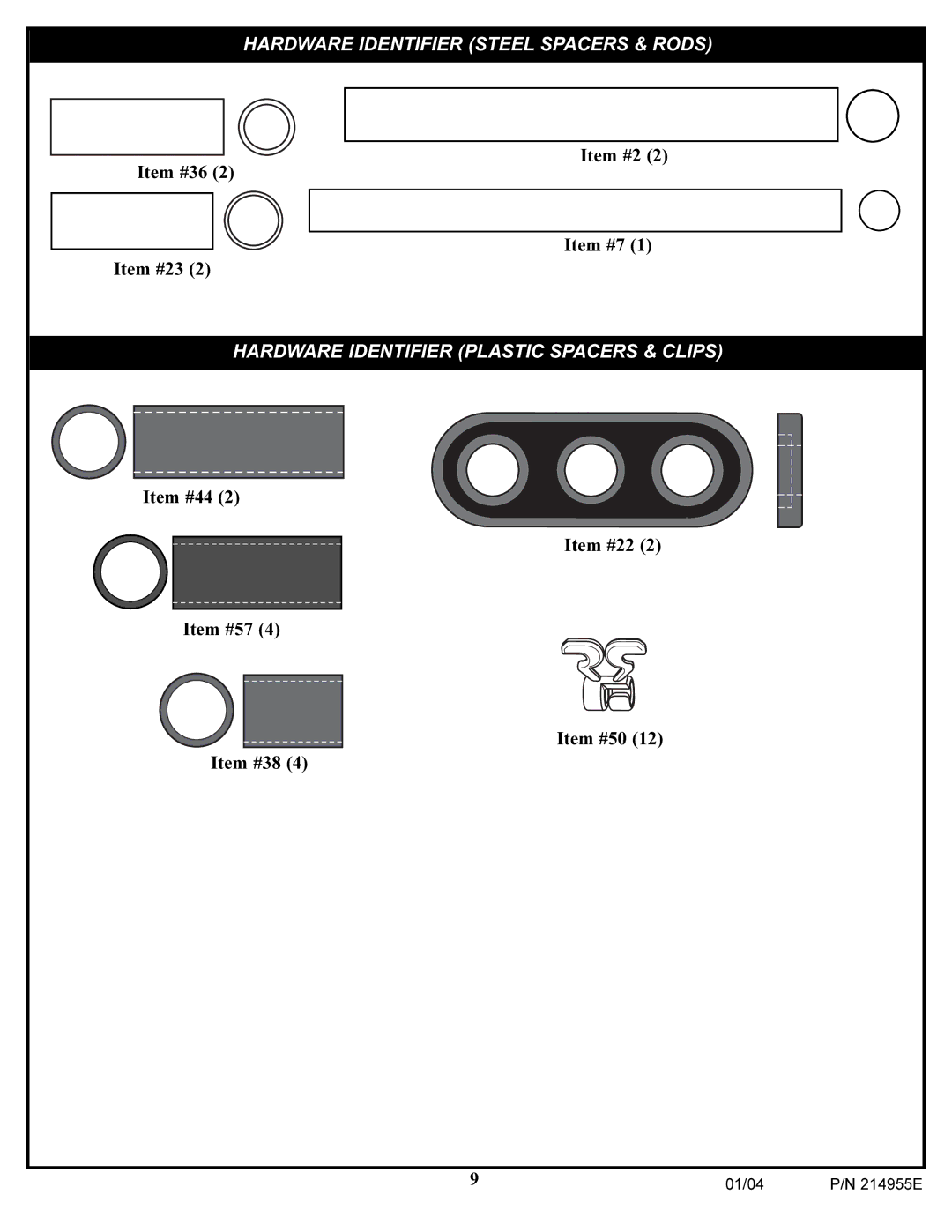 Huffy AR325W manual Hardware Identifier Steel Spacers & Rods 