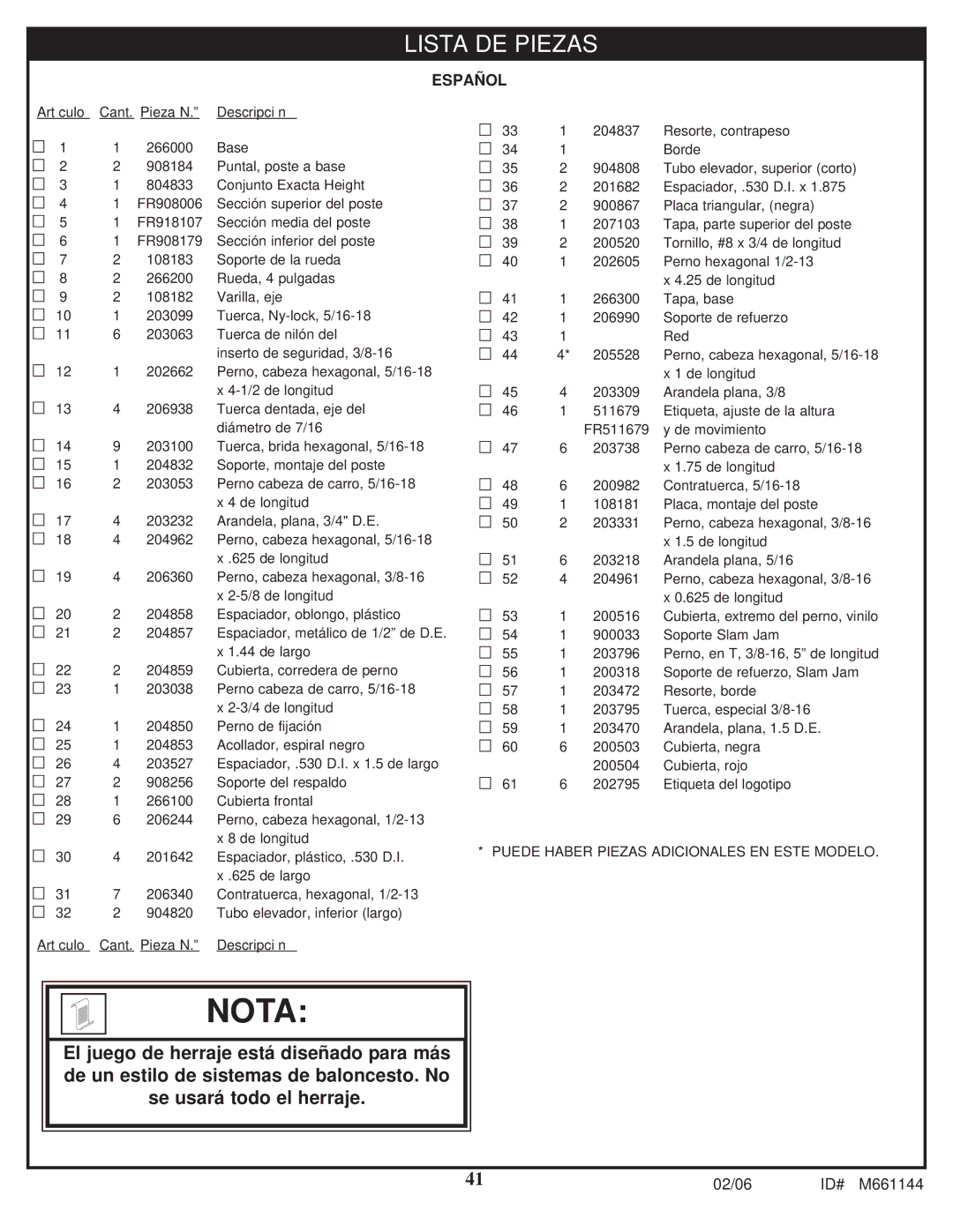 Huffy AR64S-H manual Nota 