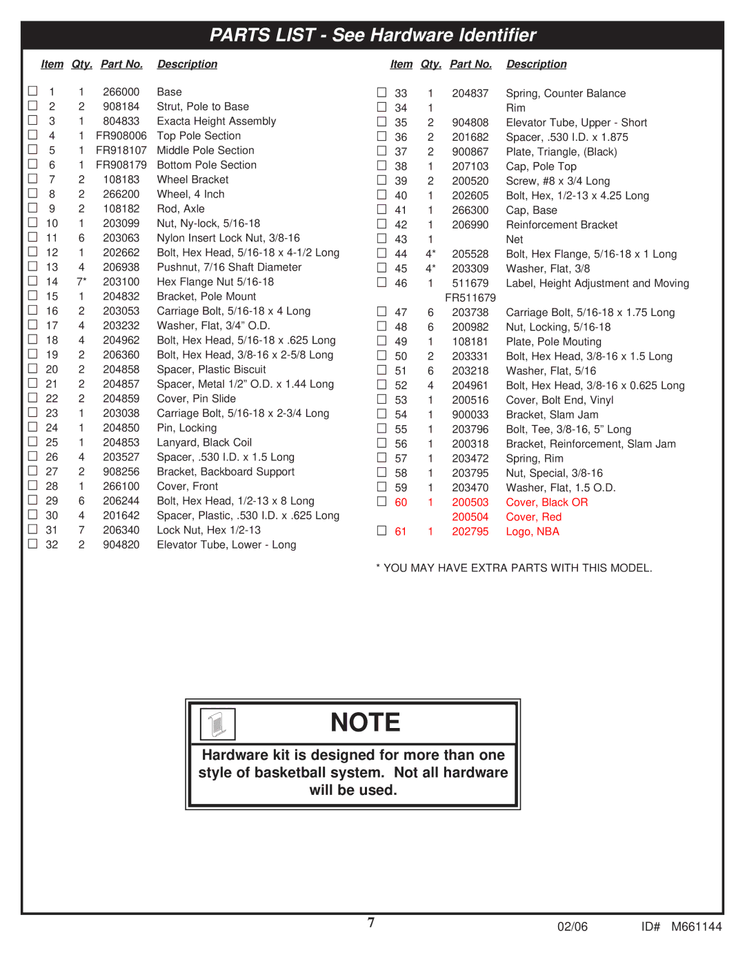 Huffy AR64S-H manual Parts List See Hardware Identifier 