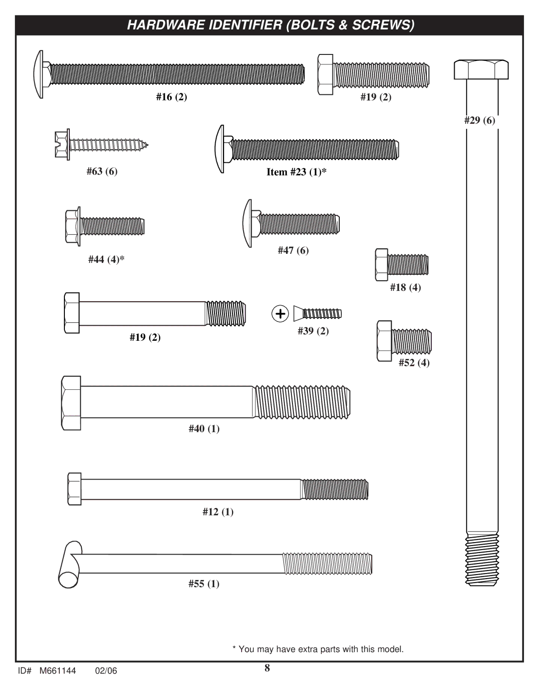 Huffy AR64S-H manual Hardware Identifier Bolts & Screws 