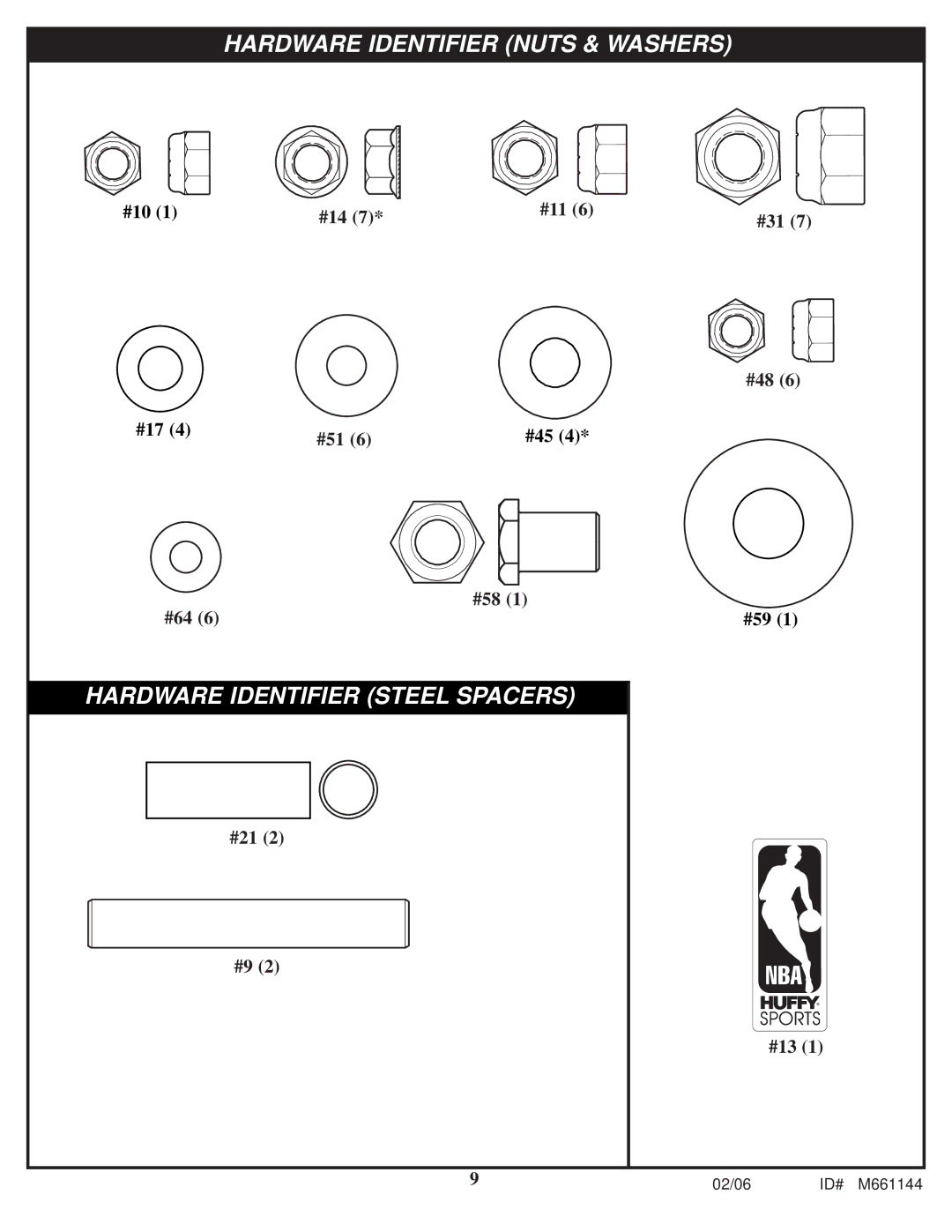 Huffy AR64S-H manual Hardware Identifier Nuts & Washers 