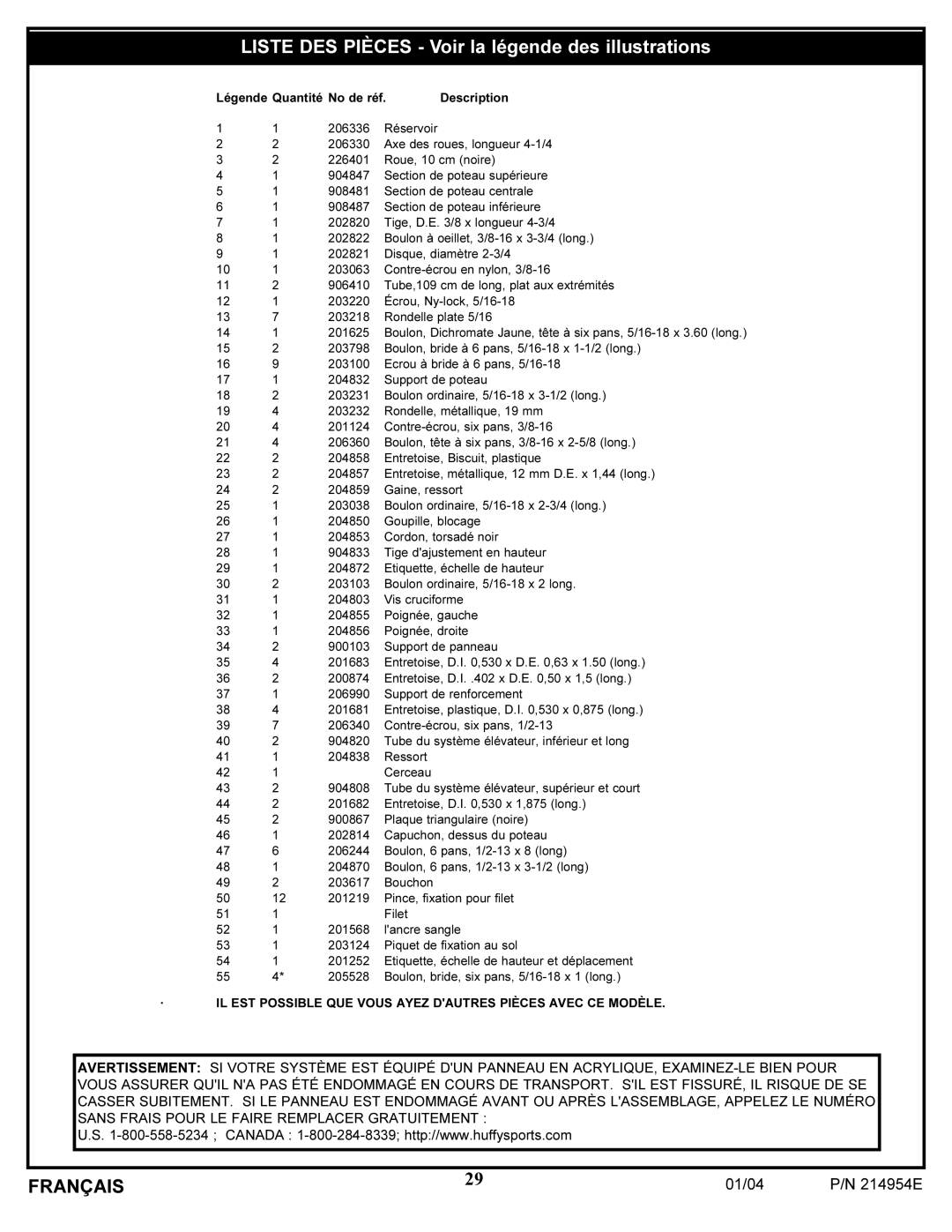 Huffy ATVUSB05 manual Liste DES Pièces Voir la légende des illustrations 