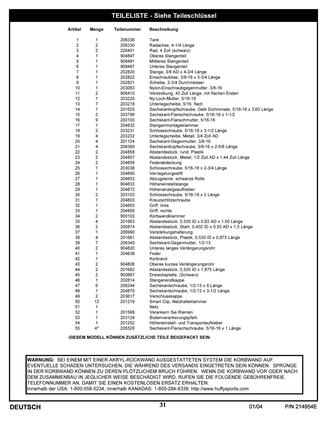 Huffy ATVUSB05 manual TEILELISTE - Siehe Teileschlüssel, Sechskantkopfschraube, Gelb Dichromate, 5/16-18 x 3,60 Länge 