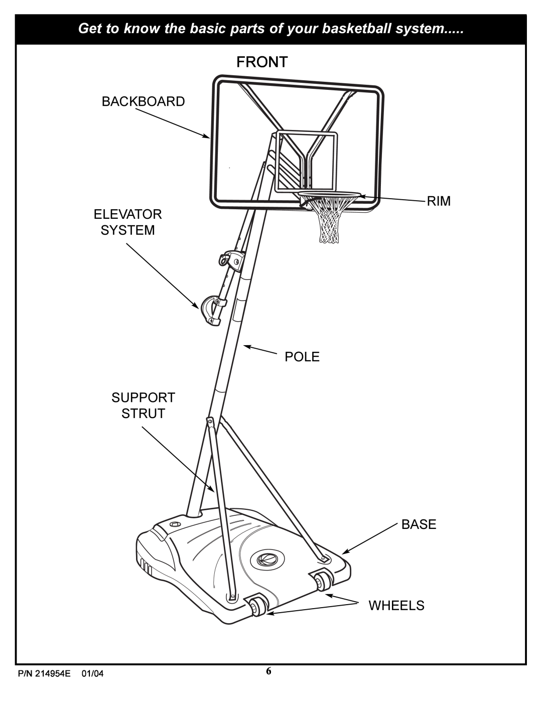 Huffy ATVUSB05 manual Get to know the basic parts of your basketball system, Front 