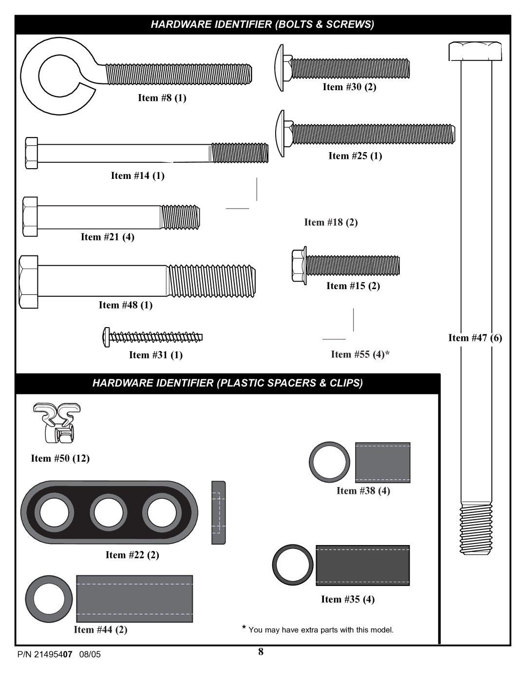 Huffy AWLC3026T manual Hardware Identifier Bolts & Screws 