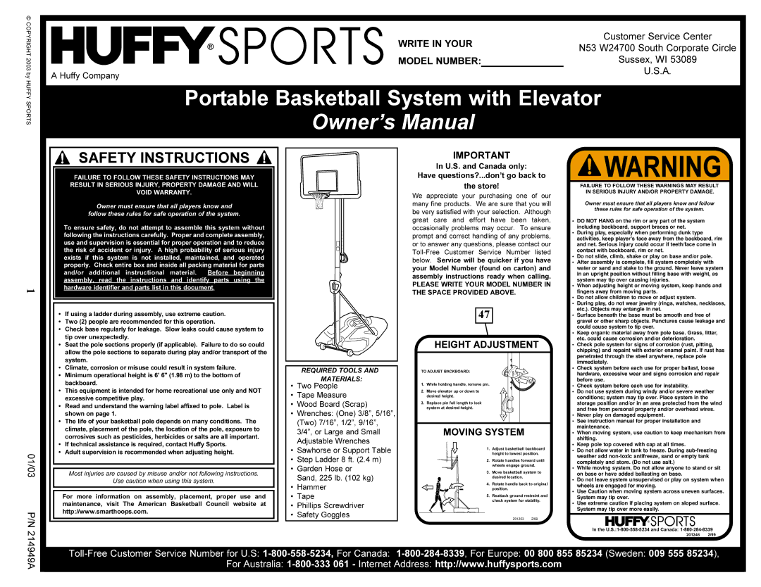 Huffy AWLC6045 manual Portable Basketball System with Elevator 