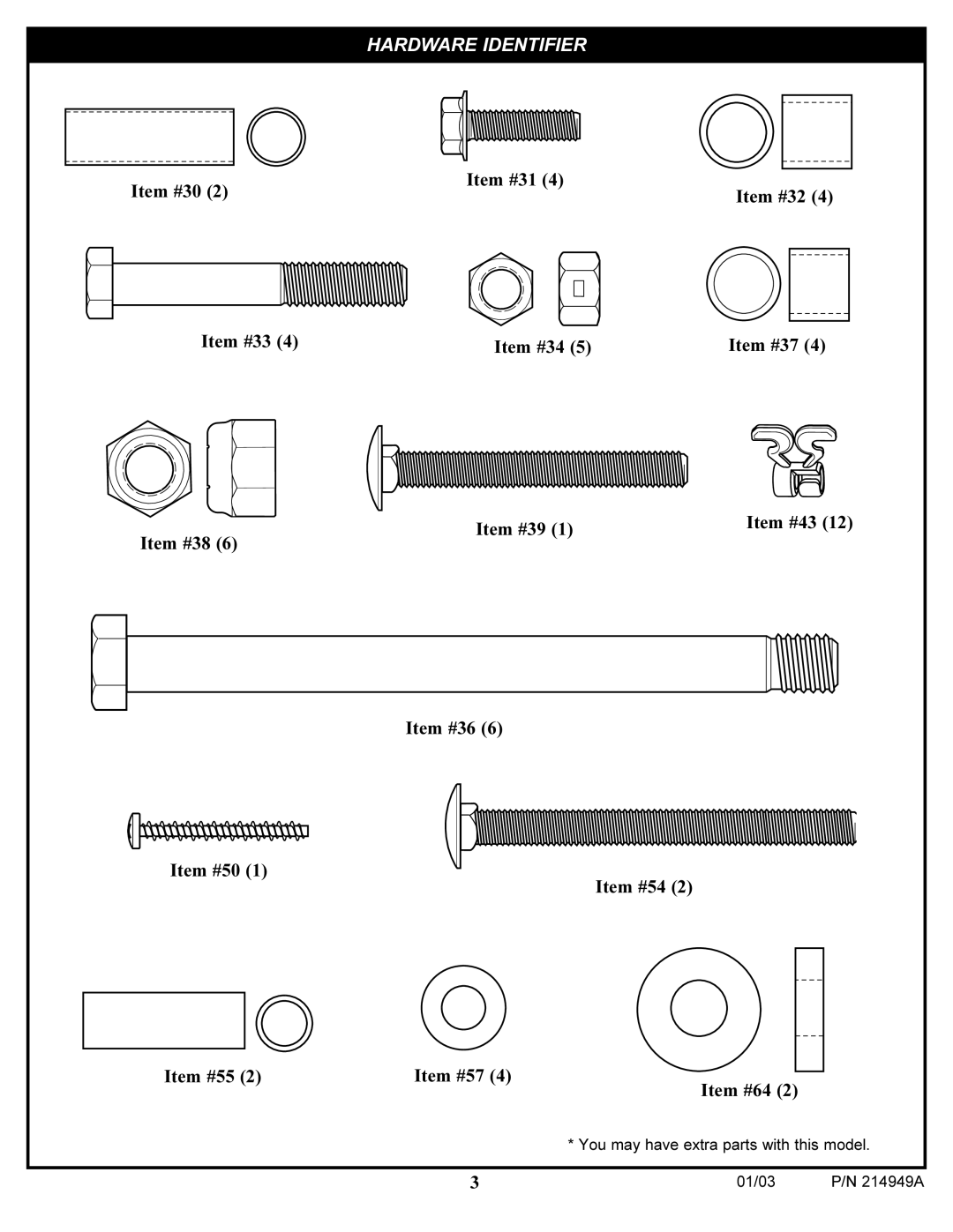 Huffy AWLC6045 manual Item #30 Item #33 Item #38 Item #50 Item #55 