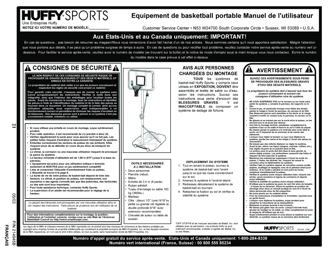 Huffy AWLH4030 manual Equipement de basketball portable Manuel de lutilisateur 