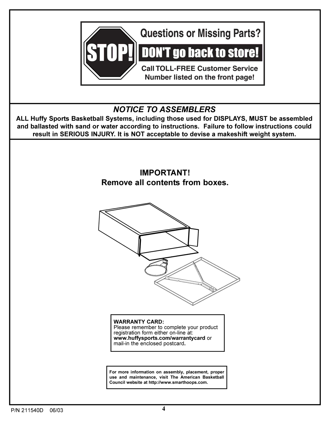 Huffy Backboard and Rim manual Remove all contents from boxes 