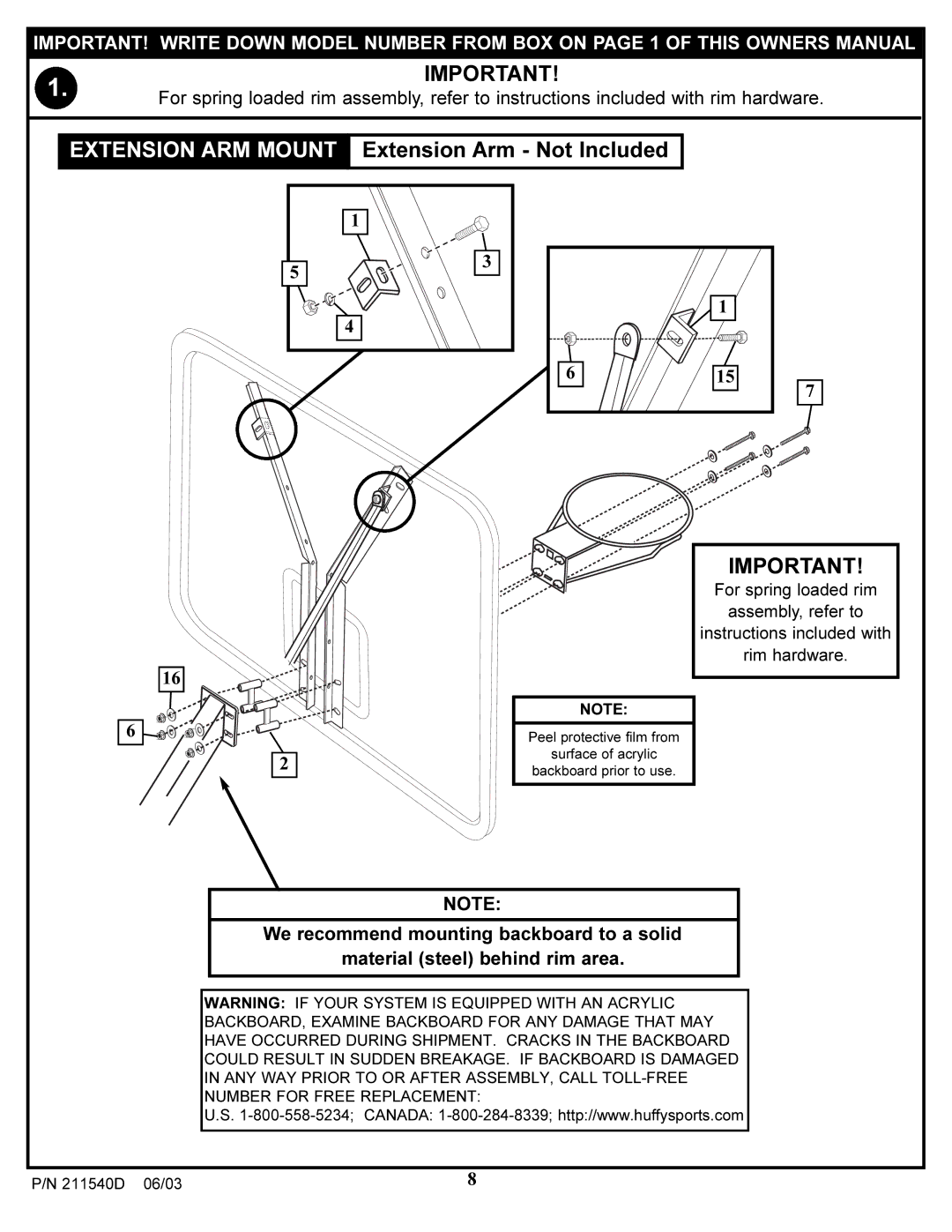 Huffy Backboard and Rim manual Extension ARM Mount, Extension Arm Not Included 