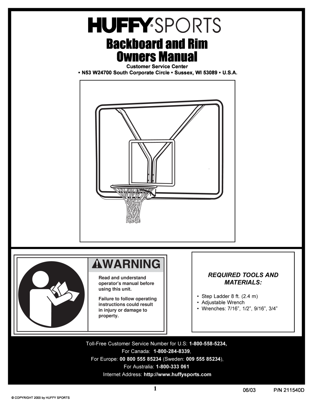 Huffy manual Backboard and Rim Owners Manual, Required Tools And Materials, COPYRIGHT 2000 by HUFFY SPORTS 