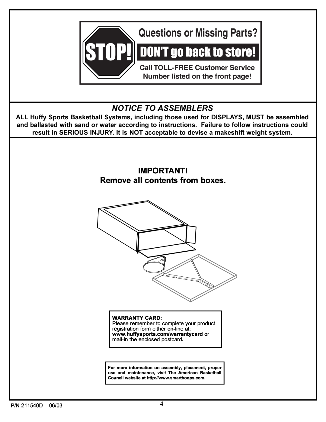 Huffy Backboard and Rim manual Notice To Assemblers, Remove all contents from boxes 