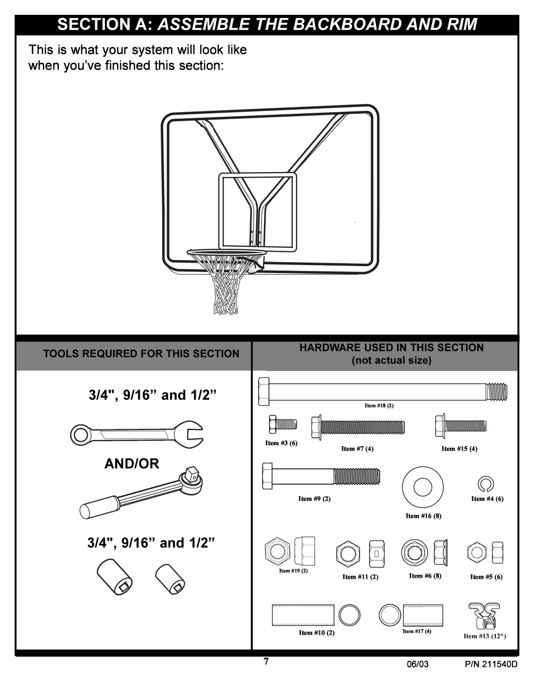 Huffy Backboard and Rim manual Section A Assemble The Backboard And Rim, 3/4, 9/16” and 1/2” AND/OR 3/4, 9/16” and 1/2” 