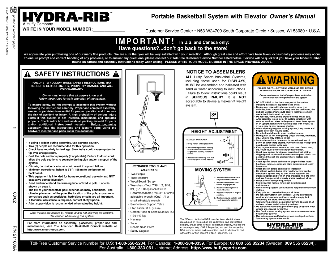 Huffy Basketball manual Safety Instructions 