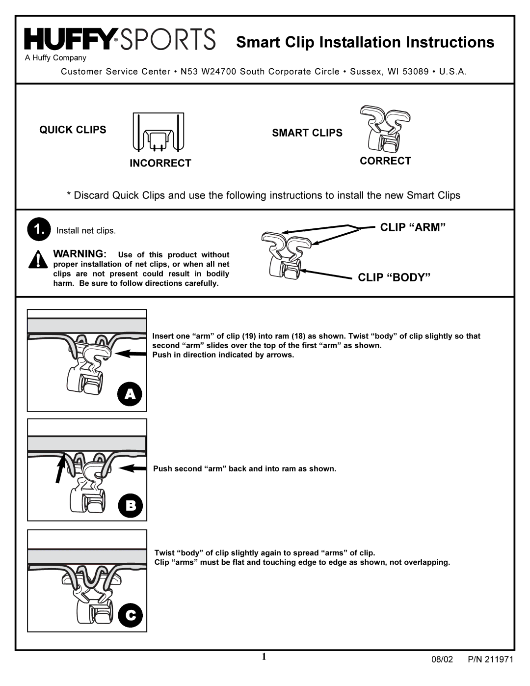 Huffy Clipper manual Smart Clip Installation Instructions, Clip ARM Clip Body, Quick Clips Smart Clips Incorrectcorrect 