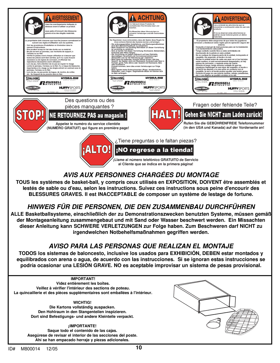 Huffy D 50053 manual Avertissement, ¡ALTO! ¡NO regrese a la tienda 