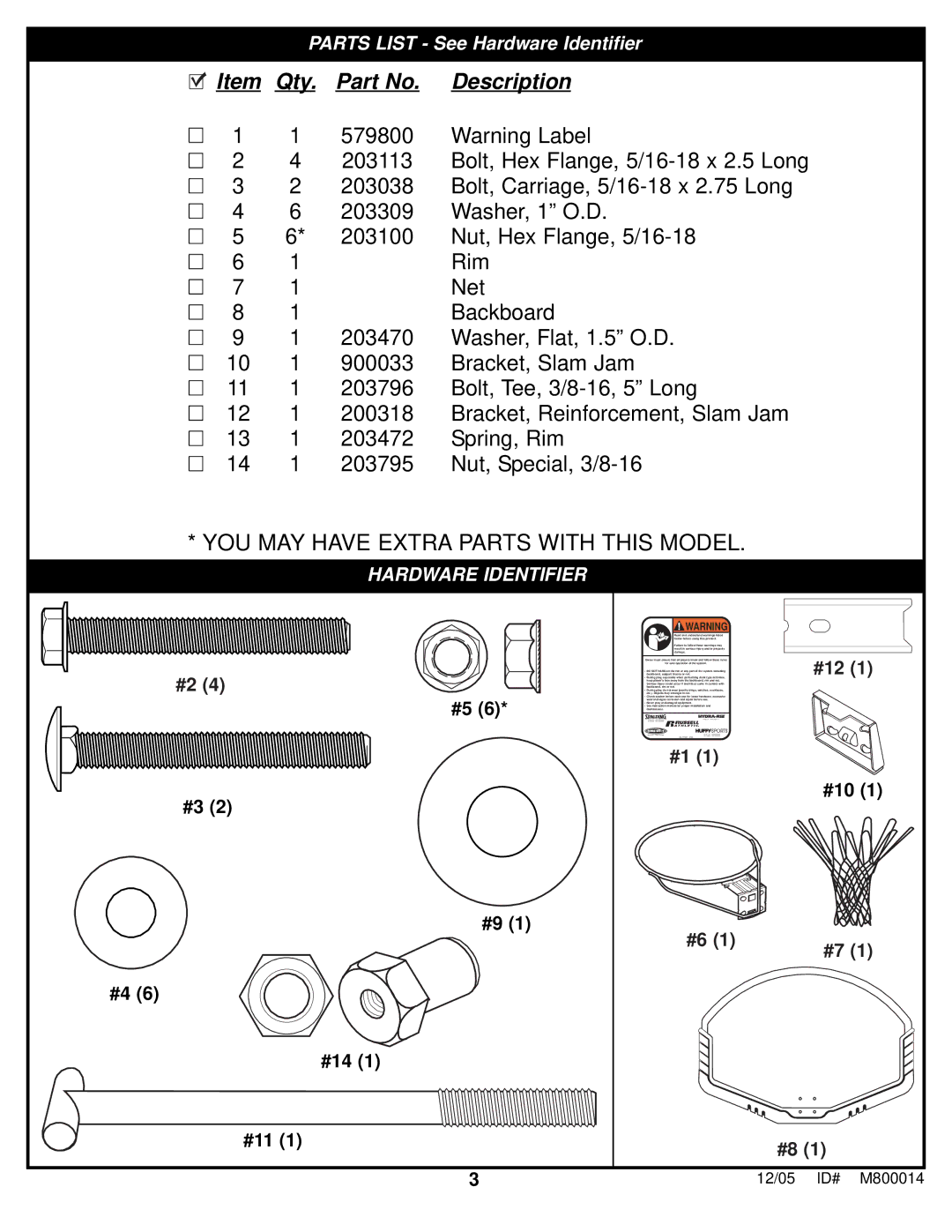 Huffy D 50053 manual Item Qty. Part No. Description 