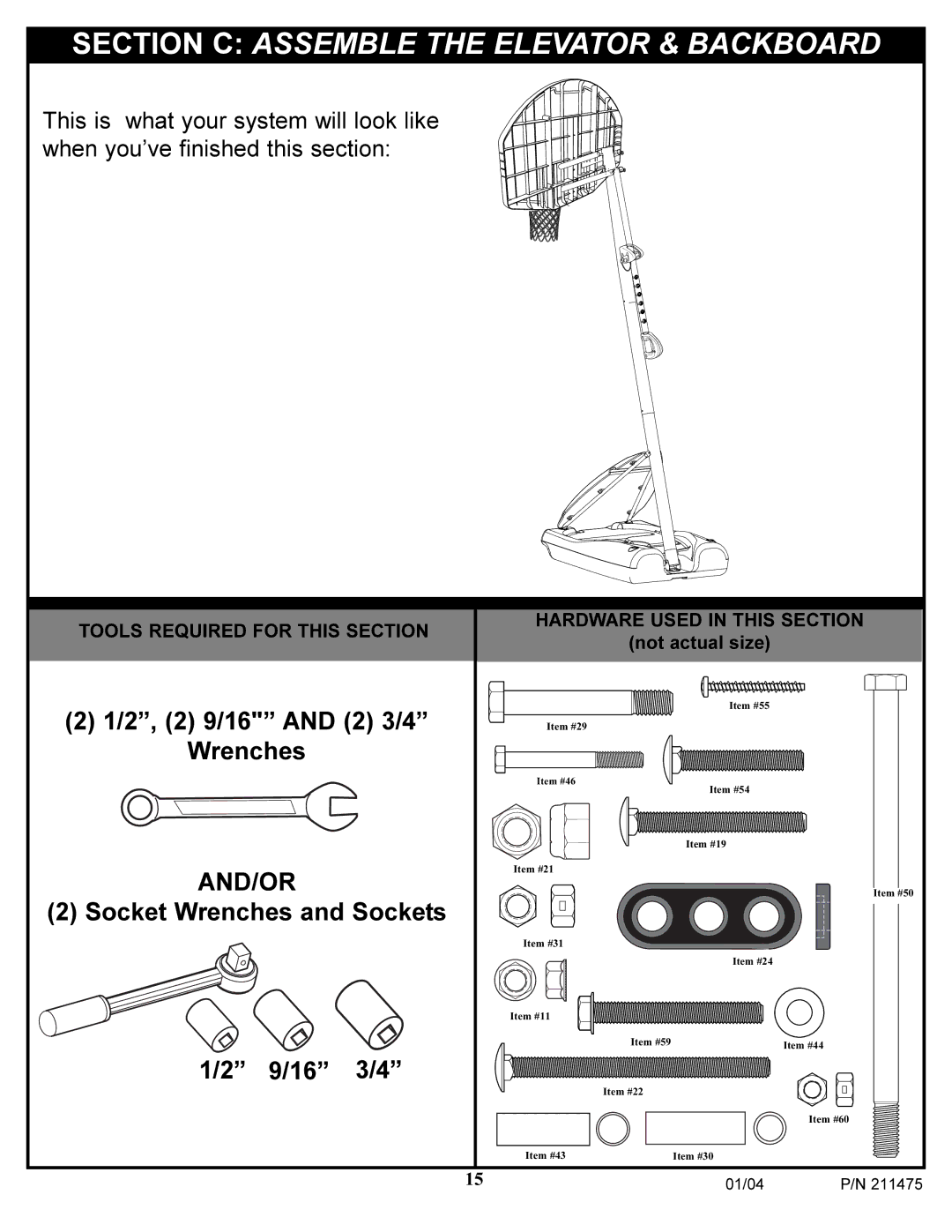 Huffy DC177 manual Section C Assemble the Elevator & Backboard, Socket Wrenches and Sockets 9/16 3/4 