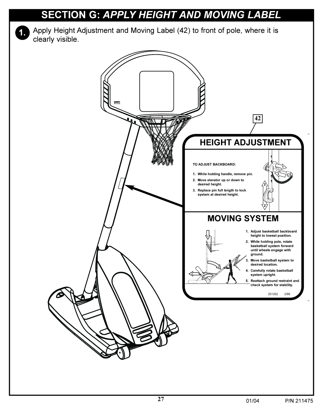 Huffy DC177 manual Section G Apply Height and Moving Label, Height Adjustment 