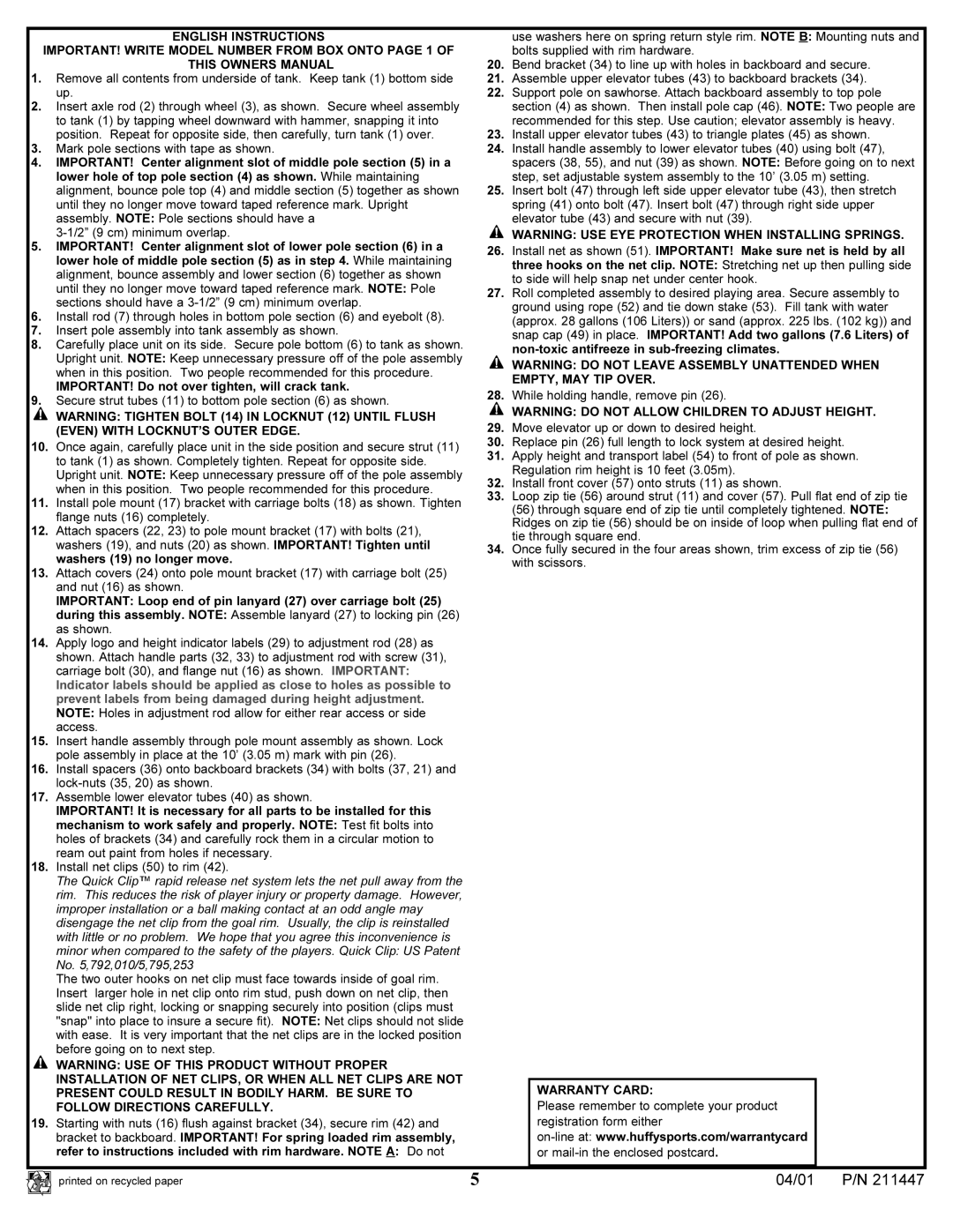 Huffy DC910 manual English Instructions 