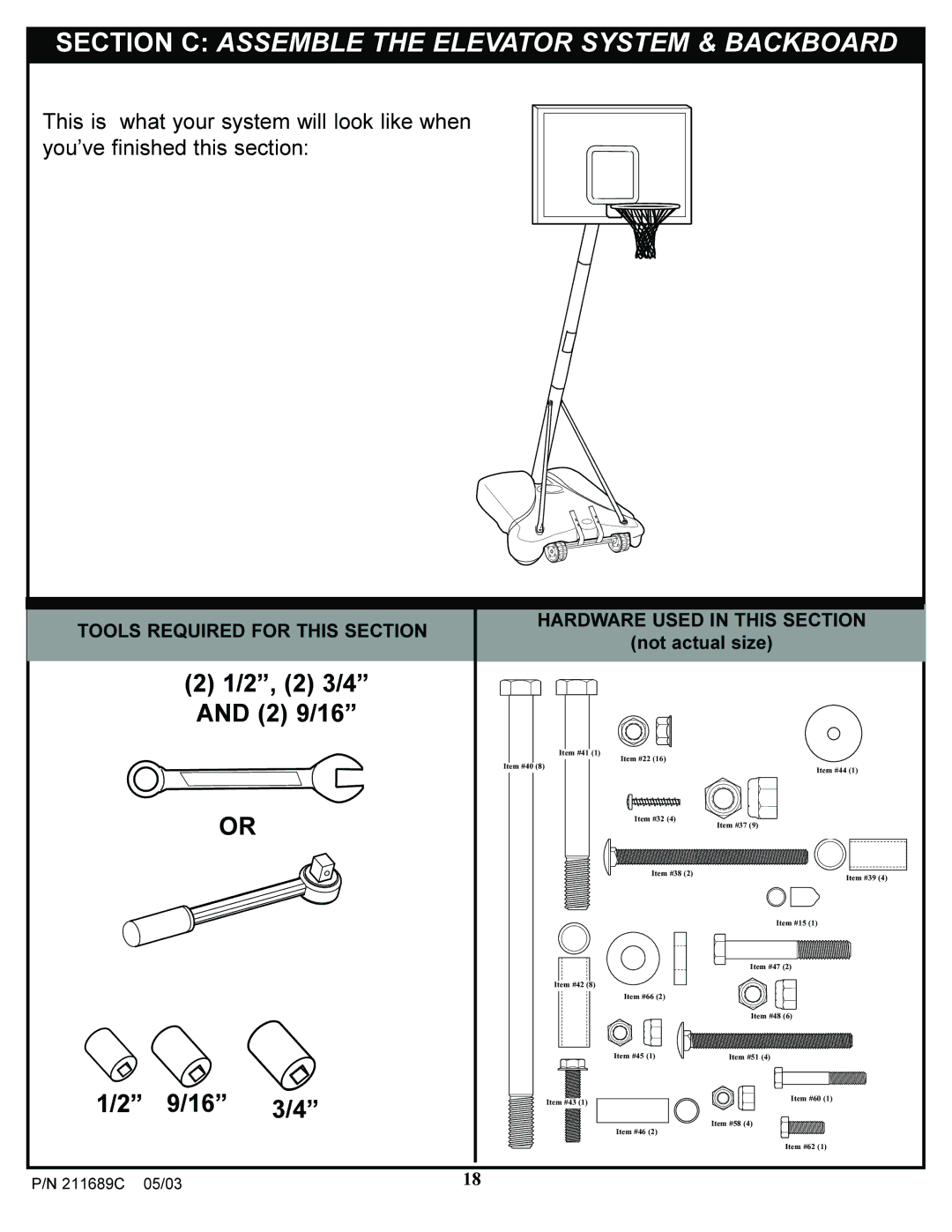 Huffy DH9300 manual Section C Assemble the Elevator System & Backboard 