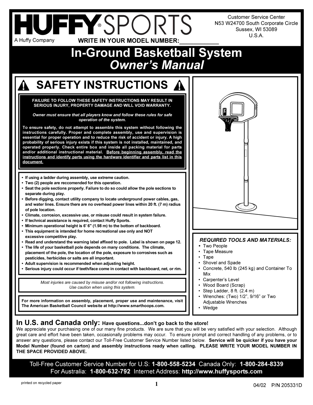 Huffy In-ground Basketball System manual In-Ground Basketball System, Write in Your Model Number 