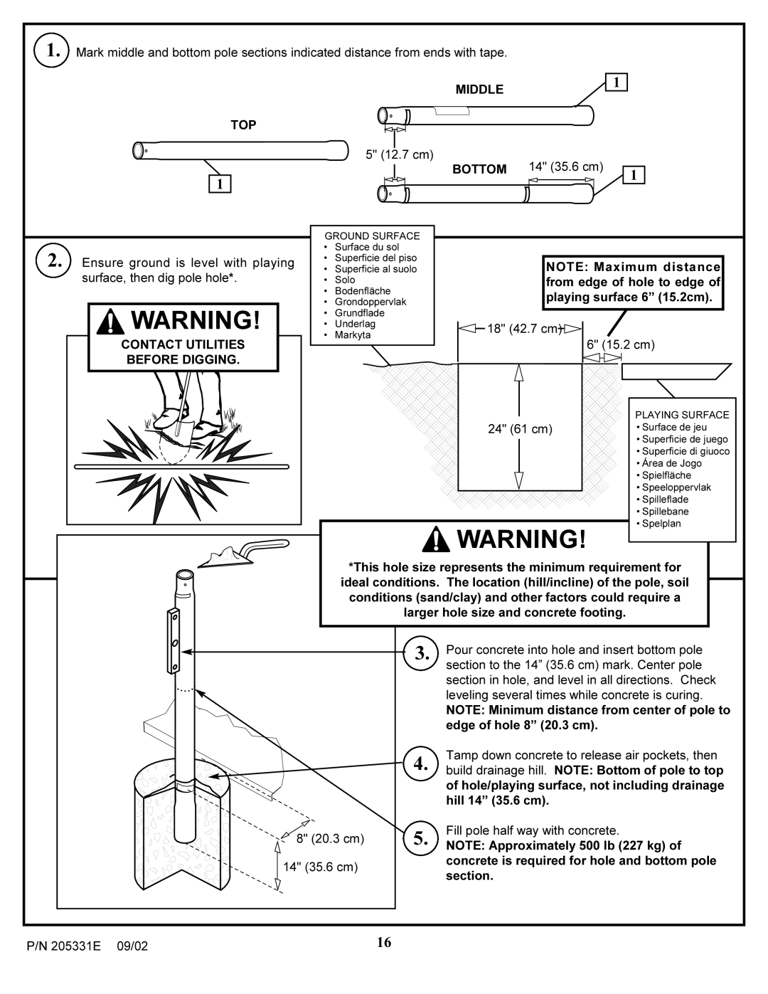 Huffy In-ground Basketball System manual Contact Utilities Before Digging, 18 42.7 cm 15.2 cm 24 61 cm 