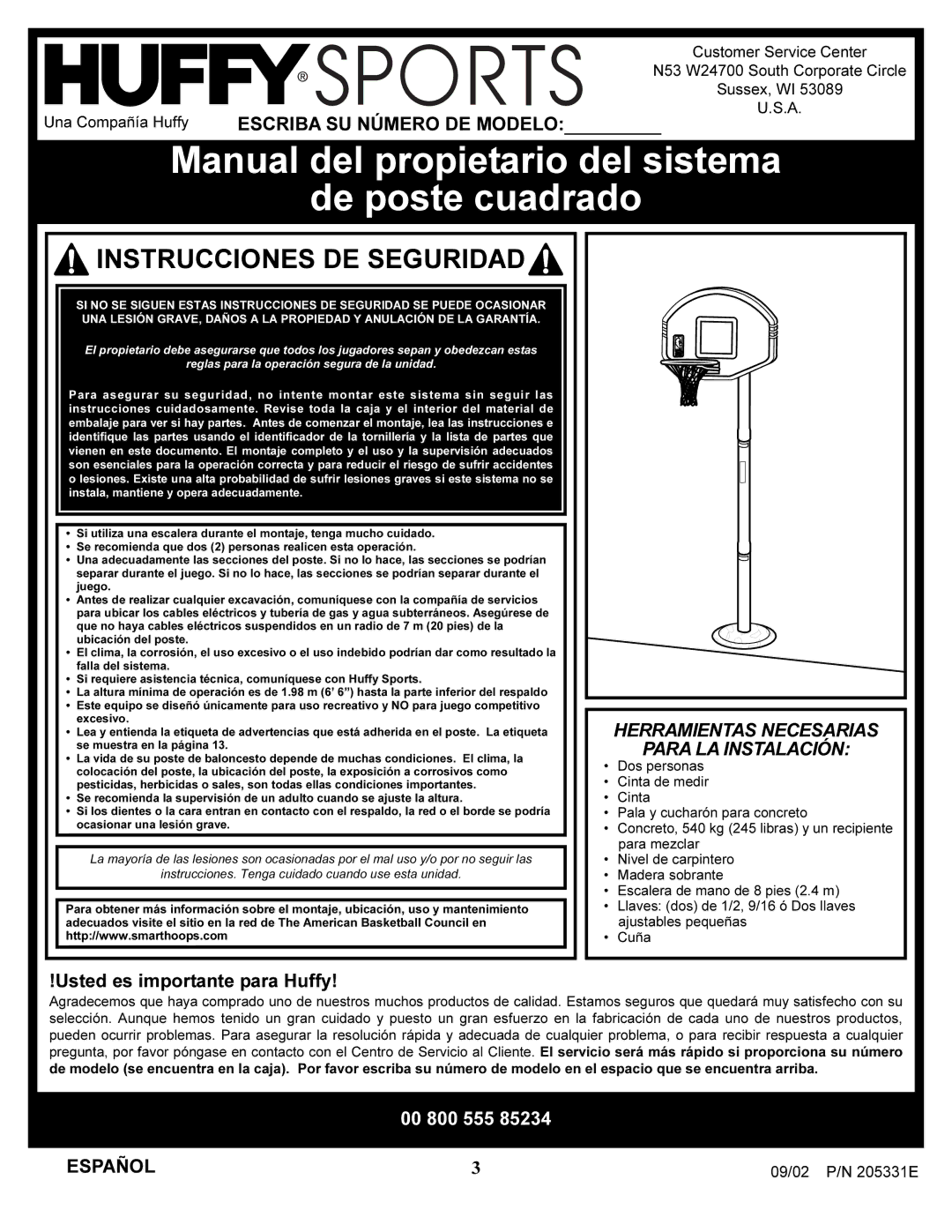 Huffy In-ground Basketball System manual Manual del propietario del sistema De poste cuadrado, Escriba SU Número DE Modelo 