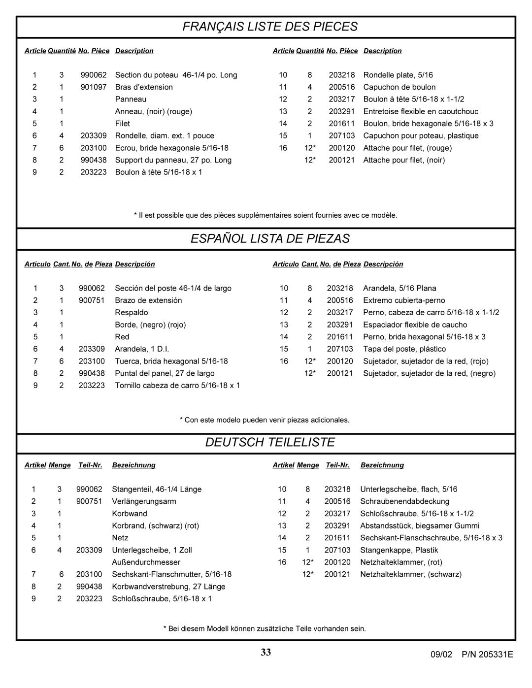 Huffy In-ground Basketball System manual Français Liste DES Pieces, Español Lista DE Piezas, Deutsch Teileliste 