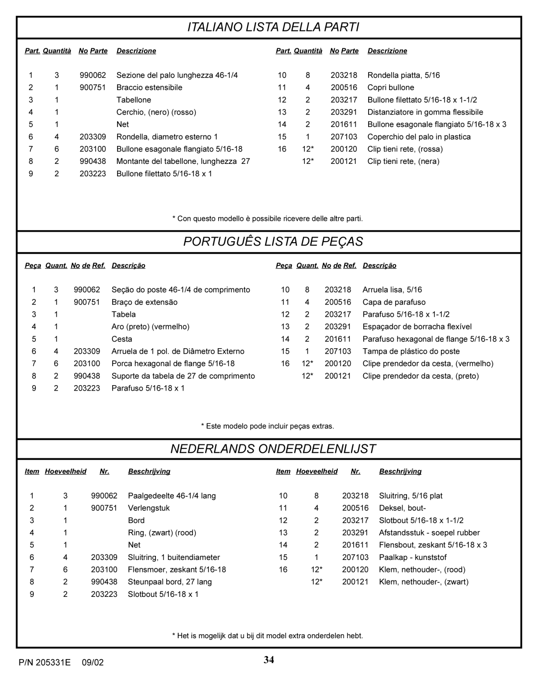 Huffy In-ground Basketball System manual Italiano Lista Della Parti, Português Lista DE Peças 