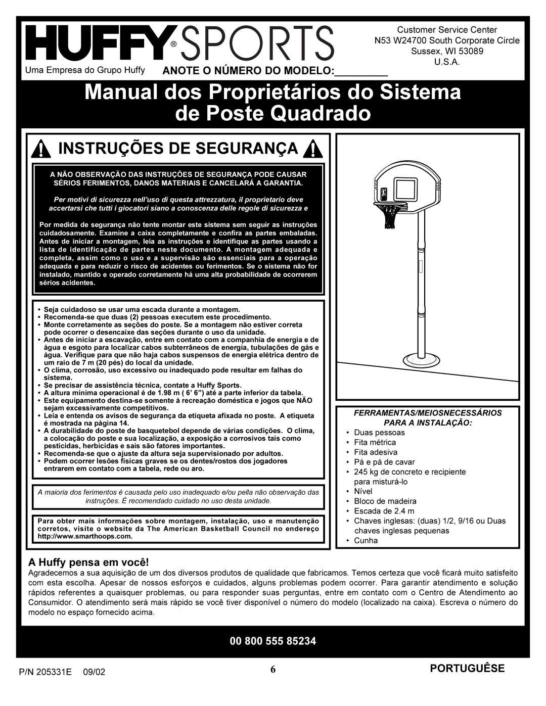 Huffy In-ground Basketball System Manual dos Proprietários do Sistema De Poste Quadrado, Huffy pensa em você, Portuguêse 