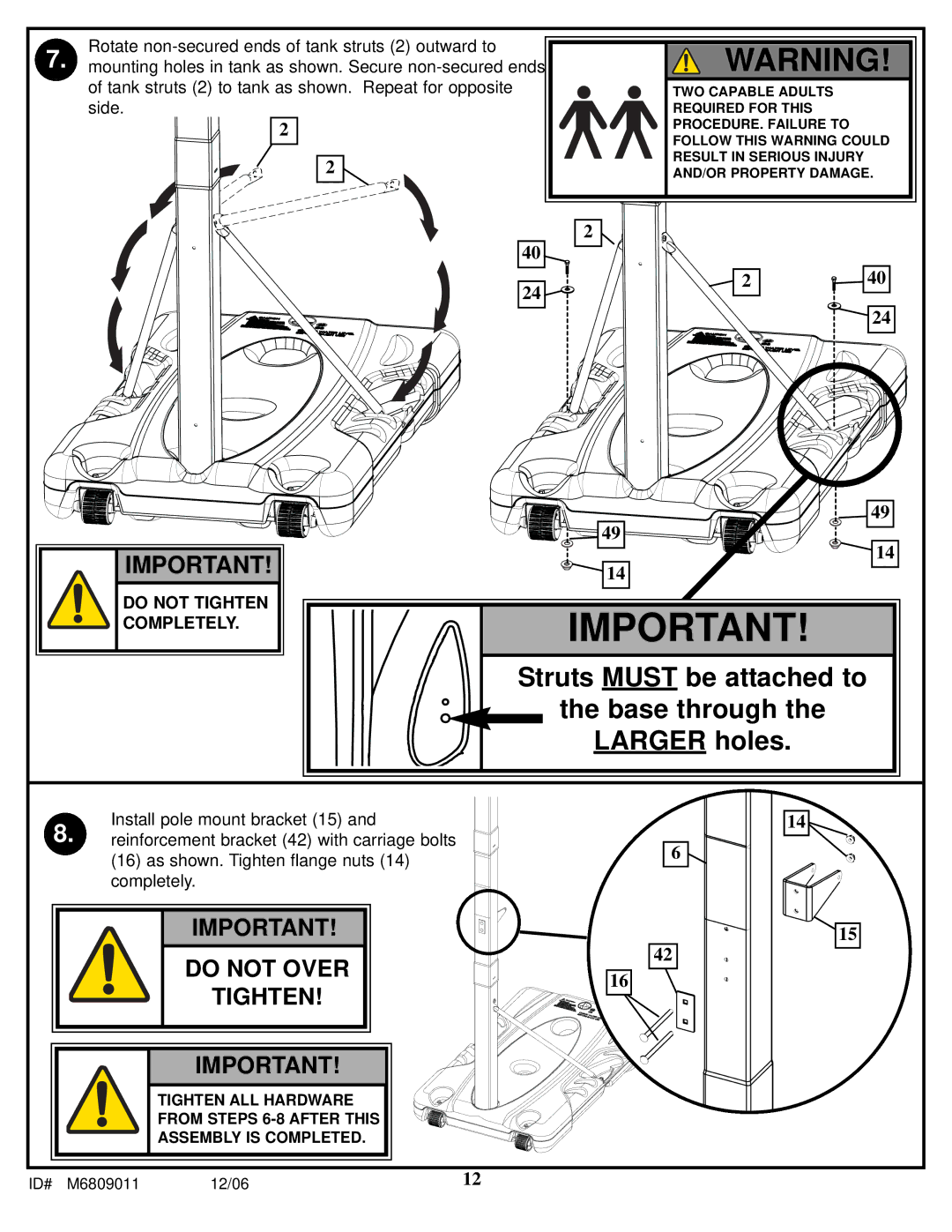 Huffy In-Ground Basketball manual Struts Must be attached to Base through Larger holes 