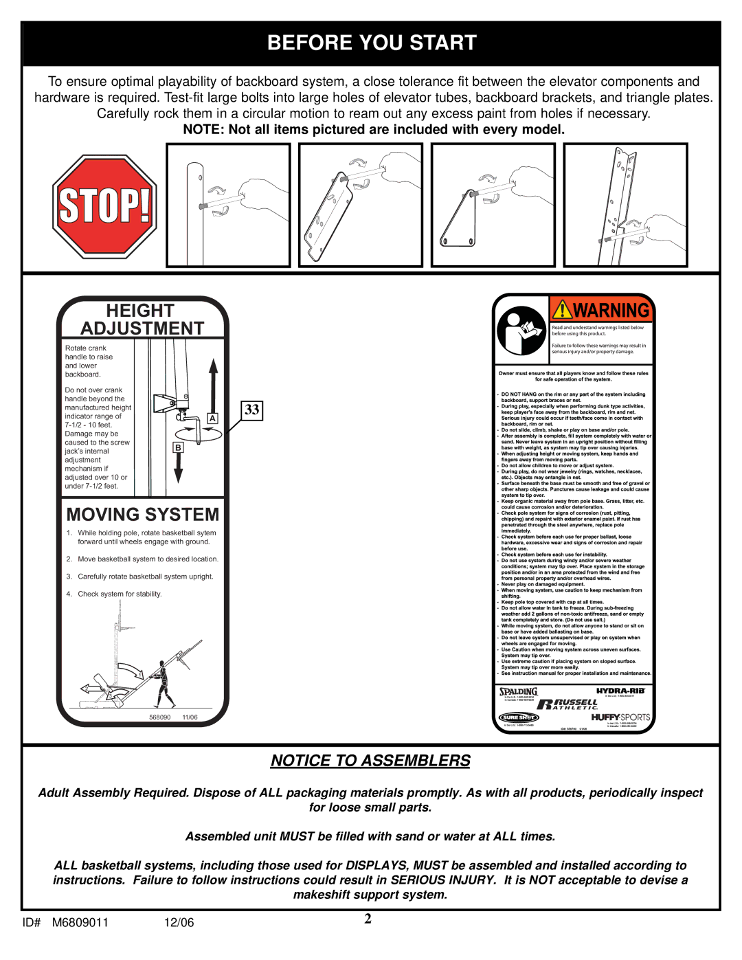 Huffy In-Ground Basketball manual Before YOU Start 