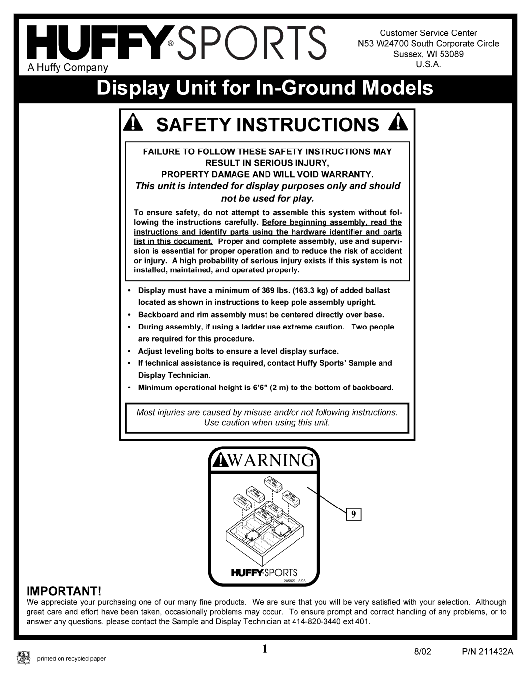 Huffy manual Display Unit for In-Ground Models, Safety Instructions 