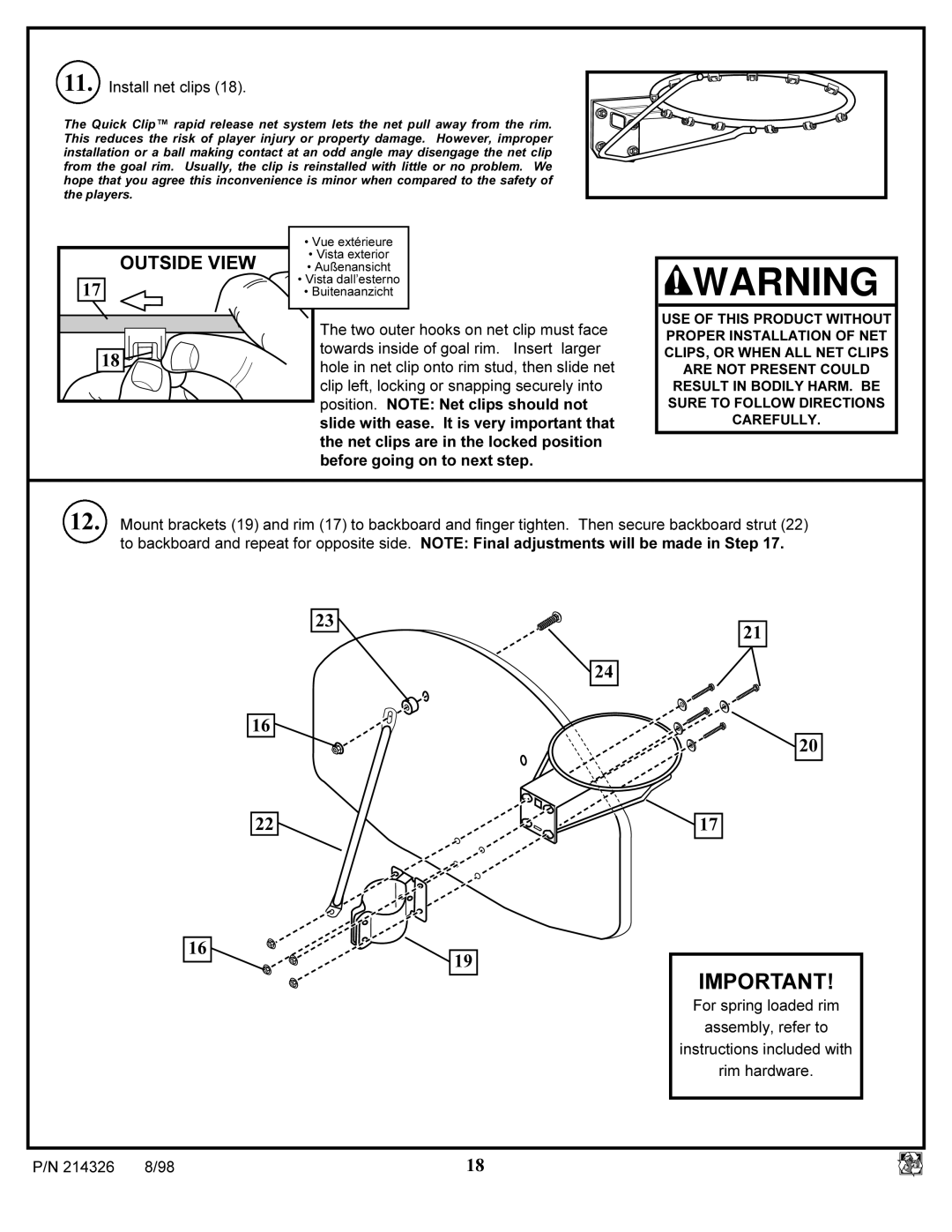 Huffy KA-DV300 manual Outside View, Install net clips 