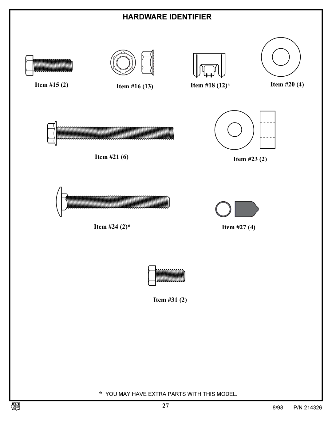 Huffy KA-DV300 manual YOU MAY have Extra Parts with this Model 